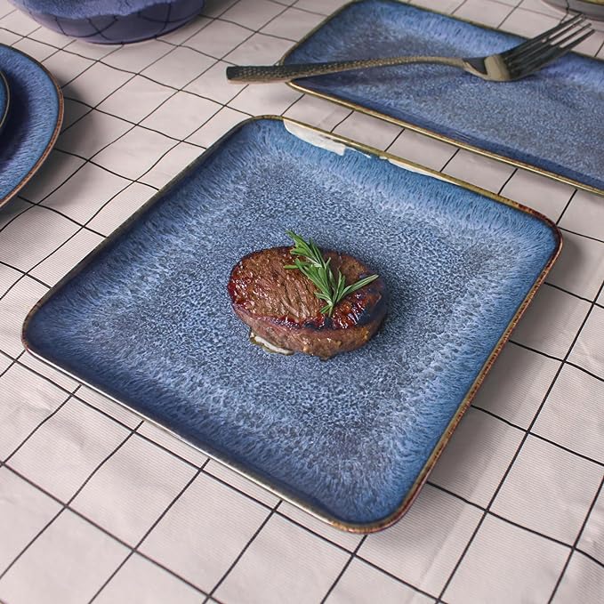 Ceramic Dinner Plates Dish Set, Set of 4, Microwave Oven and Dishwasher Safe, Scratch Resistant, Dinnerware Kitchen Porcelain Serving Dishes Blue, 9 inch Square plate-Ruum Studio Home