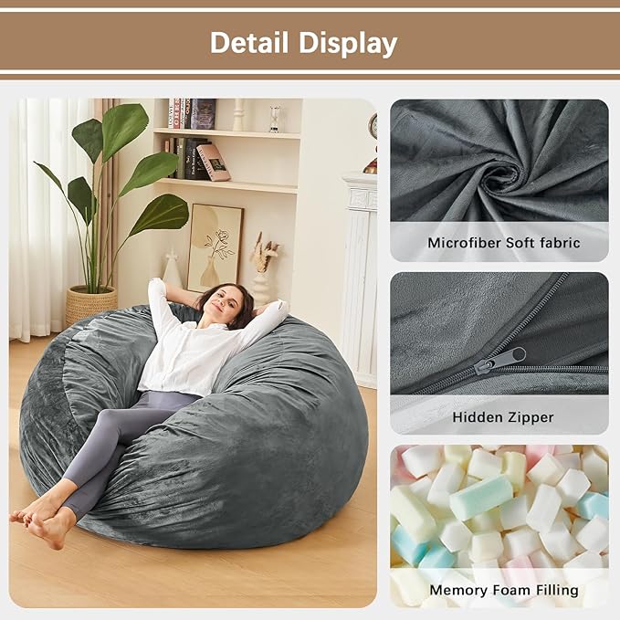 Bean Bag Chairs for Adults - Memory Foam Furniture BeanBag Chair - Kids/Teens Sofa with Soft Micro Fiber Cover - Round Fluffy Couch for Living Room Bedroom College Dorm - 4.5 ft, Gray Stripe-Ruum Studio Home