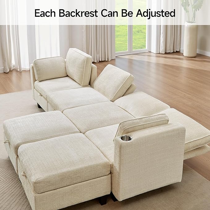 110" Modular Sectional Sofa, Convertible Sleeper Sofa Couch Bed with Adjustable Backrest, U-Shaped Chenille Cloud Couch with Ottoman Storage, Deep Seat Couches for Living Room,Beige-Ruum Studio Home