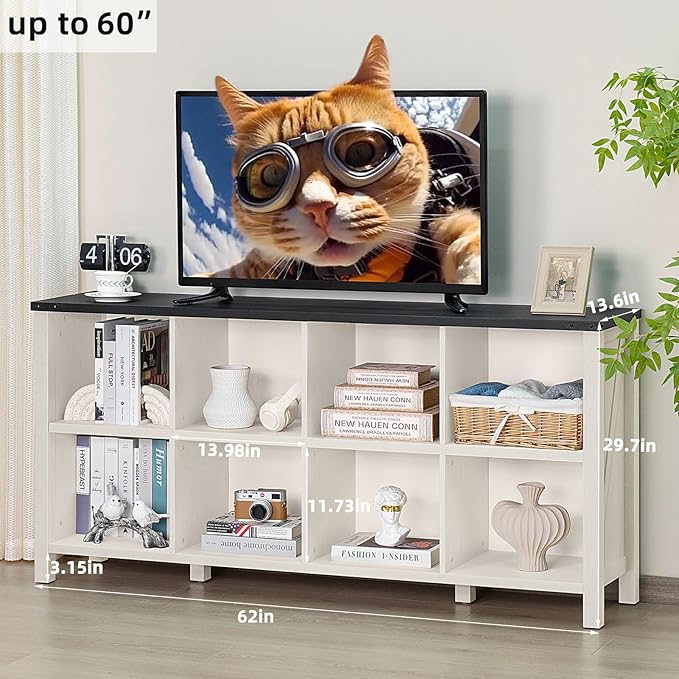 8 Cube Book Shelf, Farmhouse Wood Long Storage Organizer Bookcase, 62" Horizontal Antique White & Black Console Bookshelf, Kids Toy Storage Cabinet, Modern Open Book Case for Playroom, Office-Ruum Studio Home