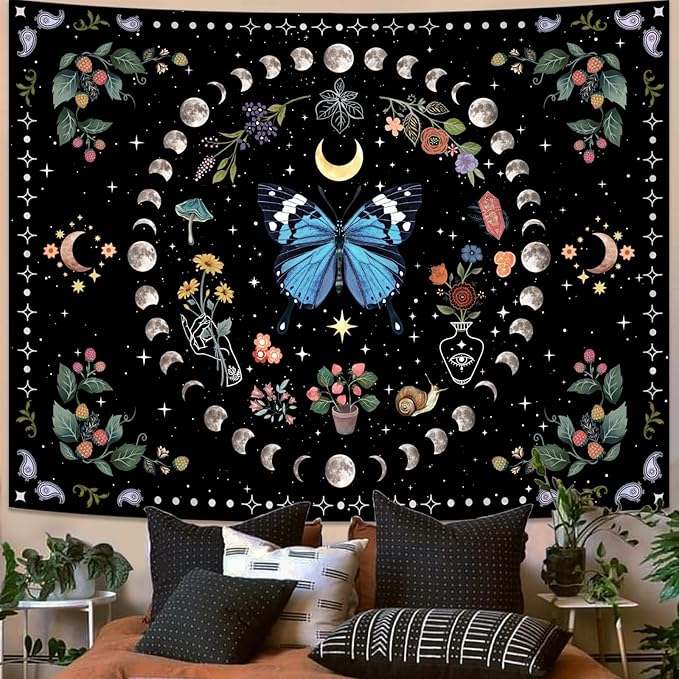 Aipon Blue Butterfly Moon Flower Tapestry Botanical Boho Plant Floral Wall Hanging for Bedroom and Living Room (36.00'' 48.00'', Blue)-Ruum Studio Home