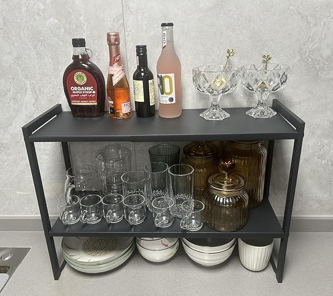 2 Tier Expandable Cabinet Shelf Organizer 14.5-25" L Kitchen Counter Shelf Rack Stand Sink Riser Countertop Storage Black (Normal 7.9”D)-Ruum Studio Home