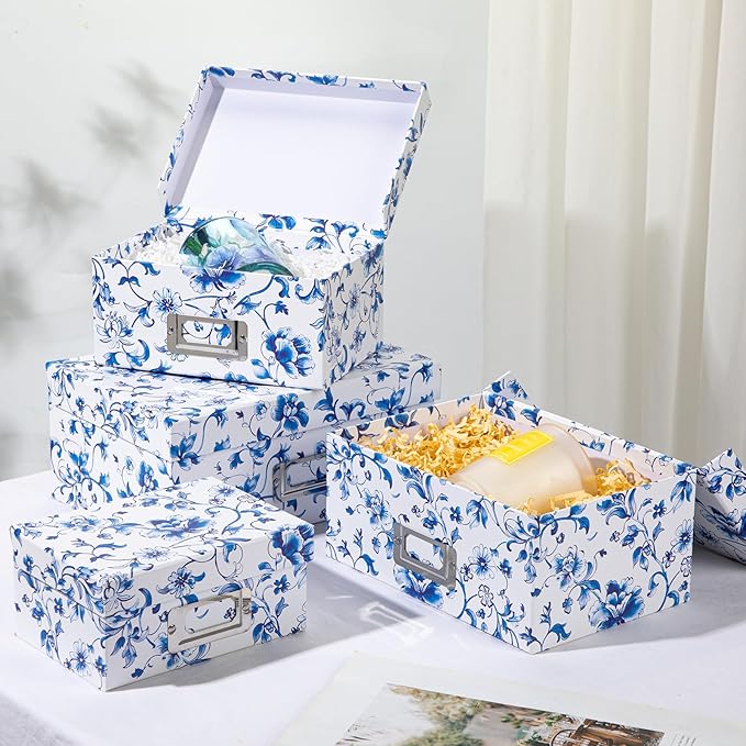 Briful Decorative Photo Storage Boxes with Lids, Set of 4 – Blue and White Porcelain Pattern, Nested Card Storage Box Organizer, Decorative Paperboard Box for Closet, Office, Gifts,Cosmetic,Books-Ruum Studio Home