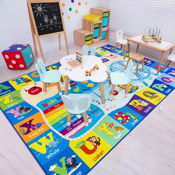 Kids Rugs for Playroom Bedroom Classroom Nursery, Non-Slip and Washable Rugs for Children Toddlers Girls, Educational and Fun Rug Carpets with ABC Alphabet Animals Shapes, 7x10, Blue-Ruum Studio Home