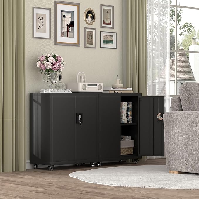 Metal Storage Cabinet with Wheels,Lockable Steel Rolling Storage Cabinet with 2 Doors for Garage,Home Office,Assembly Required,Black-Ruum Studio Home