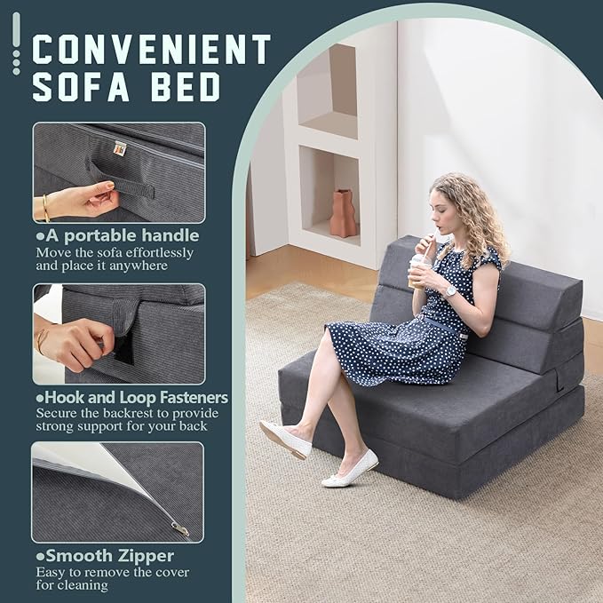 jela Foldable Sofa Bed Large Soft Foam Convertible Sleeper Chair Luxury Corduroy Fabric Fold Out Chair Bed Floor Couch with Back Support Floor Sofa for Living Room Bedroom (83"x33",Darkgrey)-Ruum Studio Home