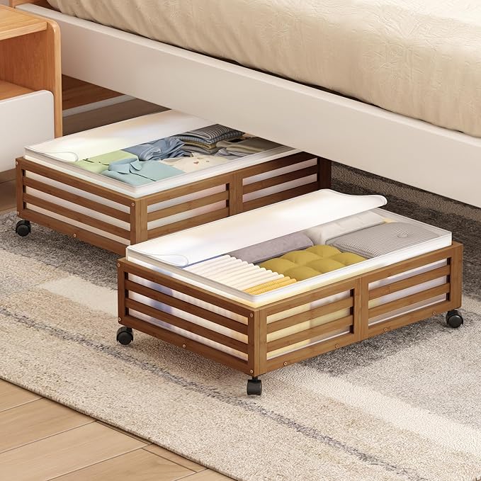Under Bed Storage with Wheels-Large Bamboo Underbed storage Containers with Large Dust Bag Stackable Under the Bed Shoe Storage Bins for Clothes Books Bedding (2 Packs walnut, 23.62"L×16.54"W× 6.51"H)-Ruum Studio Home