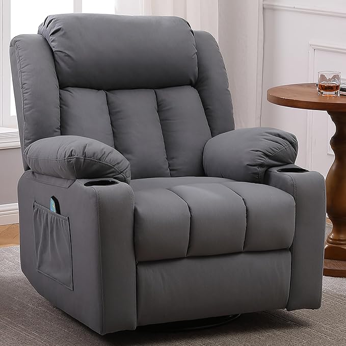 Rocker Swivel Recliner Chair for Adults, Overstuffed Large Manual Recliner Glider with Massage and Heat, Comfy Soft Fabric Living Room Reclining Sofa Chair(Technical Grey)-Ruum Studio Home