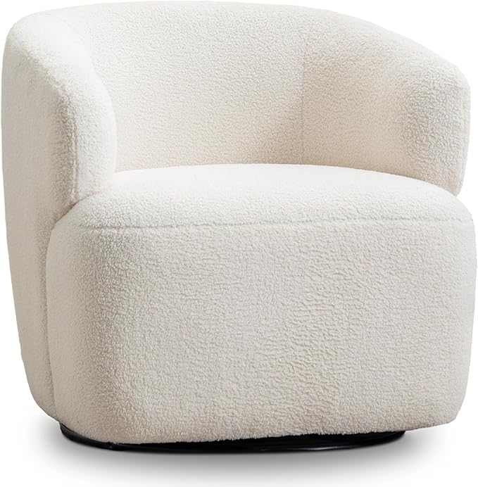 Swivel Accent Chair, Sherpa Teddy Barrel Chair for Living Room, Cozy Round Boucle Arm Chair, Metal Base for Club Nursery Bedroom, Beige Cream White-Ruum Studio Home
