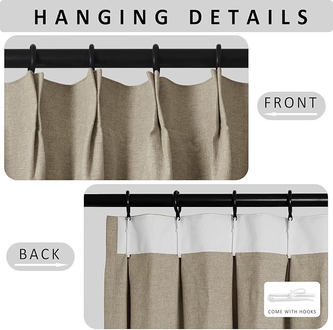 Macochico 100% Blackout Light Khaki Linen Curtains 84 Inches Long Pinch Pleated Burlap Curtains for Bedroom Living Room Farmhouse Nursery Thermal Window Panels with Tieback 72”Wx84”L 1 Panel-Ruum Studio Home