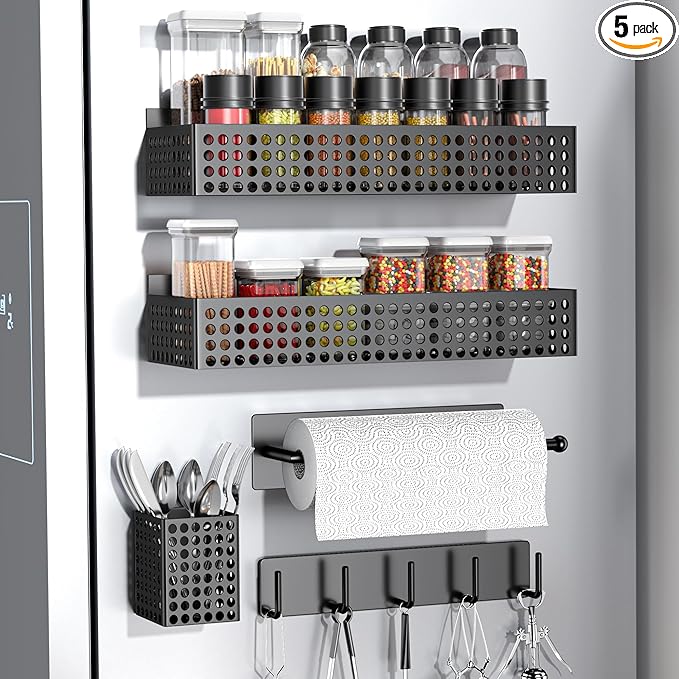 Magnetic Spice Rack for Refrigerator 2 Tiers and Paper Towel Holder and Utensil Holder, Magnetic Refrigerator Organizer, Strong Magnetic Fridge Shelf, Side Fridge Storage Rack for Kitchen-Ruum Studio Home