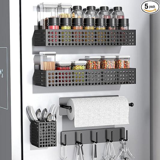 Magnetic Spice Rack for Refrigerator 2 Tiers and Paper Towel Holder and Utensil Holder, Magnetic Refrigerator Organizer, Strong Magnetic Fridge Shelf, Side Fridge Storage Rack for Kitchen-Ruum Studio Home