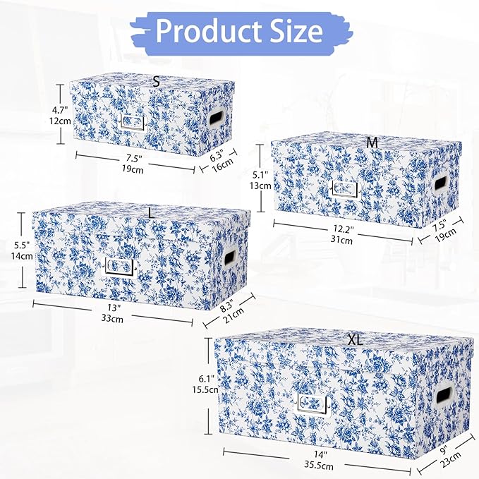Briful Set of 4 Blue and White Storage Boxes with Lids – Photo Boxes Elegant Floral Nesting Organizer Bins, 14''/13''/12.2''/7.5'' Set Decorative Cardboard Gift Boxes for Home or Office Use-Ruum Studio Home