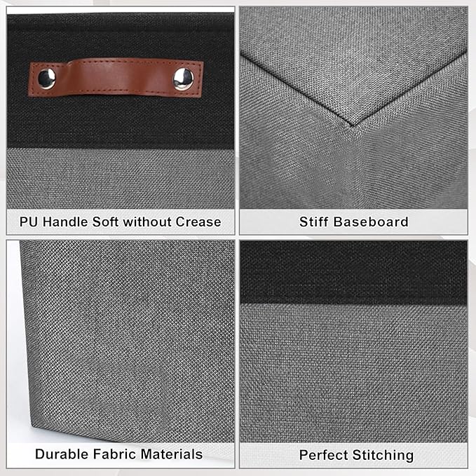 Large Fabric Storage Baskets | 50L Storage Bins, Decorative Linen Closet Baskets with Handles for Organizing, Shelf, Toys, Clothes, Home, Office, Nursery, 17x12x15Inches (Gray&Black)-Ruum Studio Home