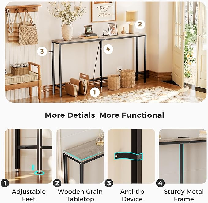 SUPERJARE Console Table with Outlet, 63 Inch Sofa Table with Charging Station, Narrow Hallway Entryway Table, Behind Couch Table, for Living Room, Oak-Ruum Studio Home