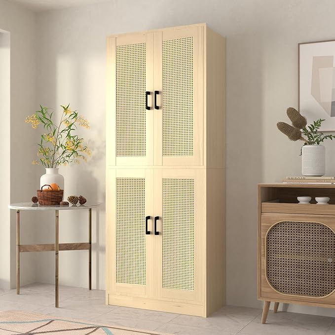 Oak Rattan Kitchen Pantry, 71" Tall Storage Cabinet with Doors, Boho Hutch for Dining Room-Ruum Studio Home