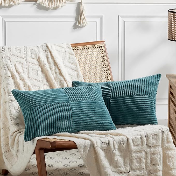 Fancy Homi 2 Packs Teal Lumbar Decorative Throw Pillow Covers 12x20 Inch for Living Room Couch Bed Sofa, Rustic Farmhouse Boho Home Decor, Soft Striped Corduroy Rectangle Accent Cushion Case 30x50 cm-Ruum Studio Home