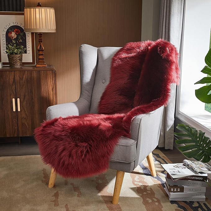 AMTOVO Faux Sheepskin Rug, Burgundy Ultra Soft Fluffy Shag Area Rug, 2 x 6 ft Faux Fur Rug for Bedroom Sofa Throw Cushion Room Decor, Sheepskin-Ruum Studio Home
