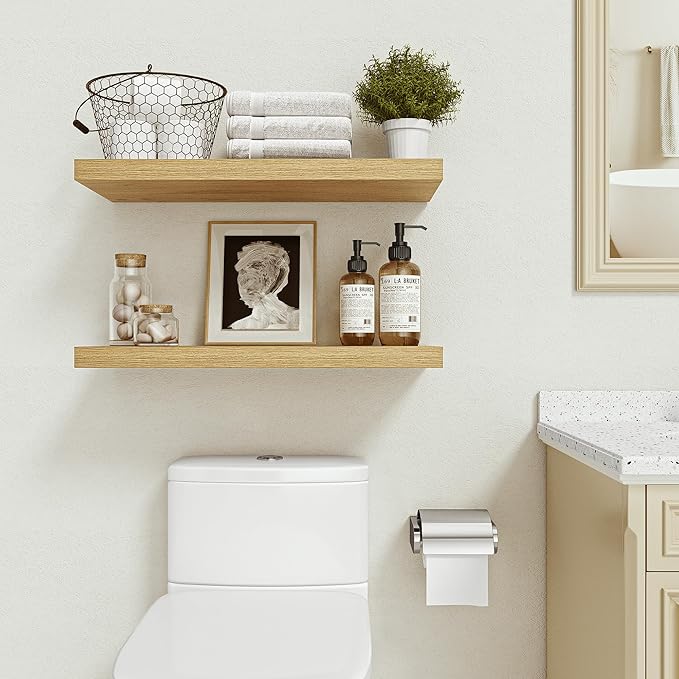 Floating Shelves for Wall 24 inchs Long, 9.2” deep x 1.5” Wall Shelf for Bedroom, Bathroom, Living Room, Kitchen, Office Home Decor, Deep Wood Shelves with Invisible Brackets, Set of 2, Oak-Ruum Studio Home