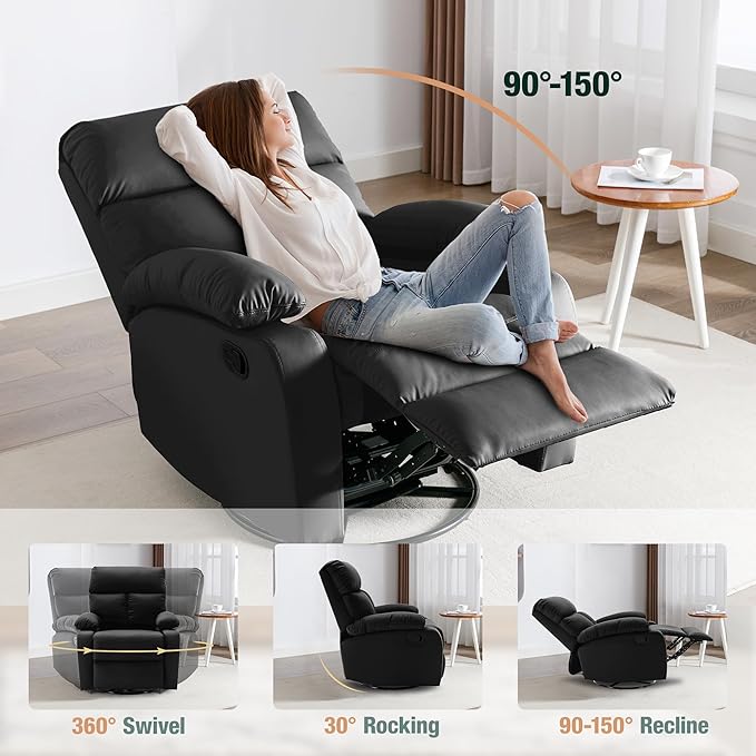Swivel Rocker Recliner, Rocking Recliners Chair for Small Spaces, Small Rocker Recliner Chair, Nursery Rocking Chairs for Living Room, RV, Nursery, Black-Ruum Studio Home