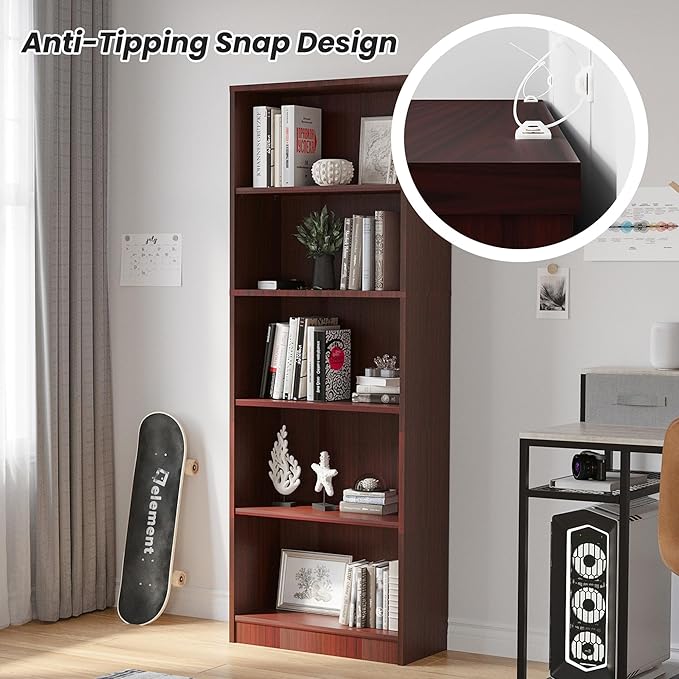 Bookshelf, Open Modern Bookshelf, 5 Shelf Bookcase with Freestanding Display Storage, Wooden Book Shelf for Bedroom, Living Room, Dinning Room, Office,Brown-Ruum Studio Home
