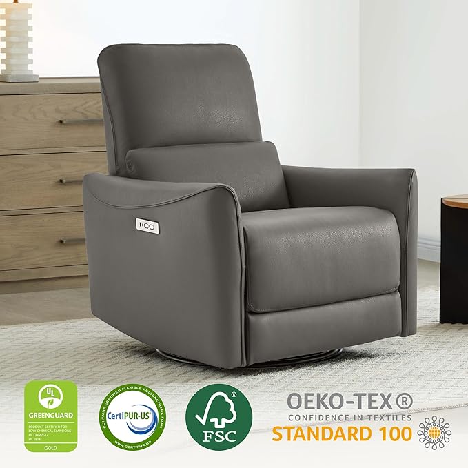 CHITA Power Recliner Chair Swivel Glider, FSC Certified Upholstered Faux Leather Living Room Nursery Reclining Sofa Chair with Lumbar Support, Charcoal-Ruum Studio Home