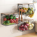 Delamu 3 Pack Stackable Metal Fruit Basket with Wood Lid-Wall Mounted&Countertop Organizer for Kitchen,Pantry- Ventilated Storage for Onions,Potatoes,Fruits,Spices,Black-Ruum Studio Home