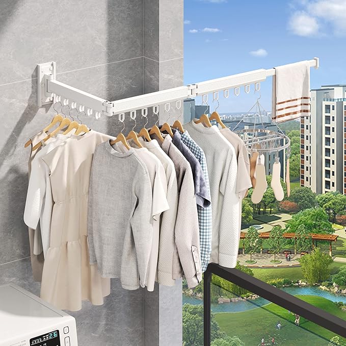 Wall Mounted Clothes Drying Rack, Retractable Laundry Rack for Hanging Clothes, Collapsible, Foldable, White-Rings-Ruum Studio Home