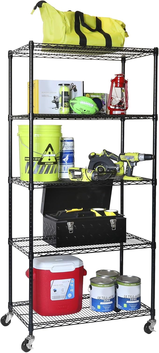 Seville Classics UltraDurable Heavy Duty NSF Solid Steel Wire Rack Storage Unit, Organizer for Garage, Warehouse, Office, Restaurant, Classroom, Kitchen, Black, 5-Tier Shelving, 36" W x 18" D-Ruum Studio Home