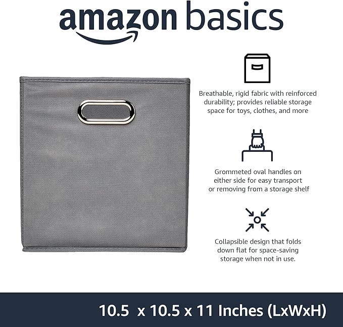Amazon Basics Collapsible Cube Storage Organizer Bins, 6-Pack, 10.5 x 10.5 x 11 inches, Light Grey-Ruum Studio Home
