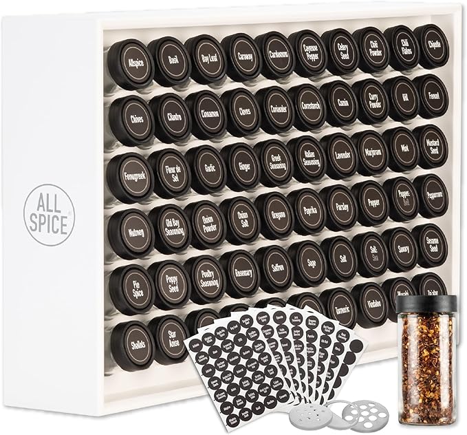 AllSpice Spice Rack Organizer, Wood, 525 Unique Labels, Countertop or Wall Mount, Includes 60 4oz Jars- Matte White-Ruum Studio Home