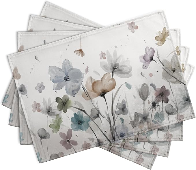 Flower Placemats Set of 4 Brown Cream Grey Poppy Flowers Table Mats Watercolor Rustic Vintage Floral Place Mat Farmhouse Linen Fabric Placemat for Party Kitchen Dining Outdoor Indoor Decor 12x18 Inch-Ruum Studio Home
