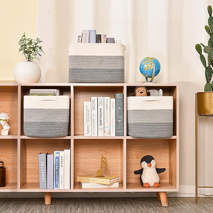Storage Baskets for Organizing Shelves, Woven Cotton Rope Baskets for Storage Books Towels Toys, Organizing Baskets, Toy Basket for Nursery Bathroom, 15"x11"x9.5", 3 Packs, Gradient Grey-Ruum Studio Home