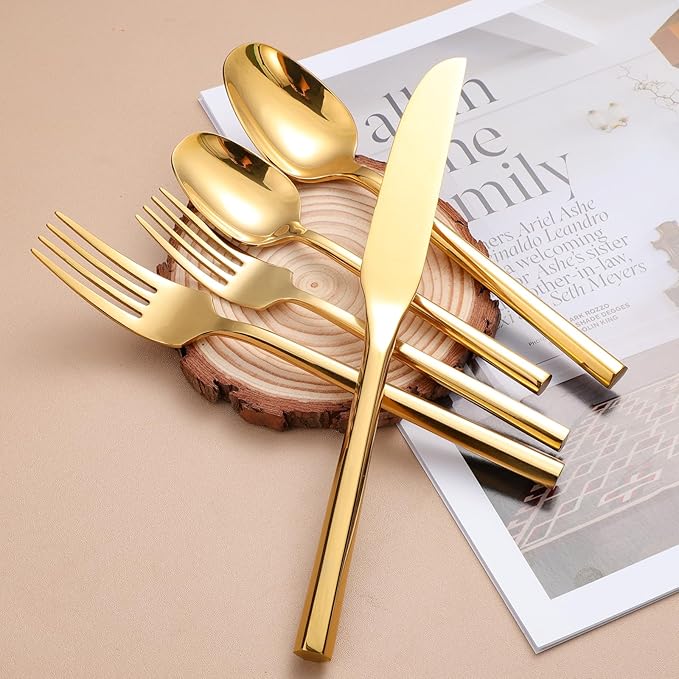 Mirror Silverware Set Gold Flatware Set with Hexagon Handle 20 Pieces 18/0 Stainless Steel Cutlery Set Wedding Housewarming Gift Service for 4 (Mirror gold)-Ruum Studio Home