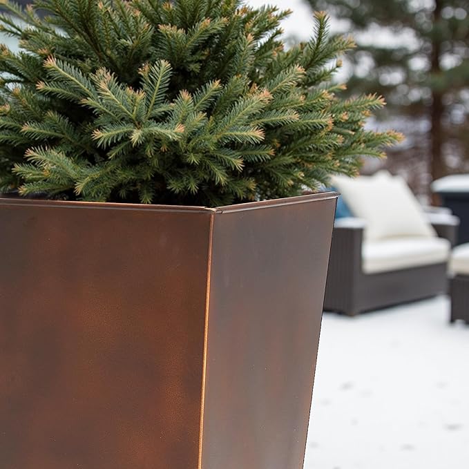 WORTH Garden Large Metal Planter Set of 2 (25" & 28" H.), Matte Bronze Retro Finish Tall Square Tapered Steel Plant Pots, Decor Flower Pot Indoor & Outdoor, Drainage Hole & Dual-Purpose Plant Saucer-Ruum Studio Home
