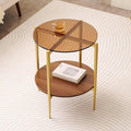 Round Glass End Table, Mid-Century Modern Design Sofa Table for Living Room, D18 x H23, 2-Tier Structure, Amber Glass Top and Walnut Shelf, Sleek Conical Legs with Gold Finish Frame-Ruum Studio Home