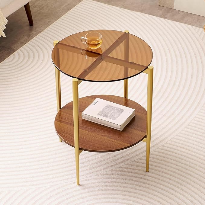 Round Glass End Table, Mid-Century Modern Design Sofa Table for Living Room, D18 x H23, 2-Tier Structure, Amber Glass Top and Walnut Shelf, Sleek Conical Legs with Gold Finish Frame-Ruum Studio Home