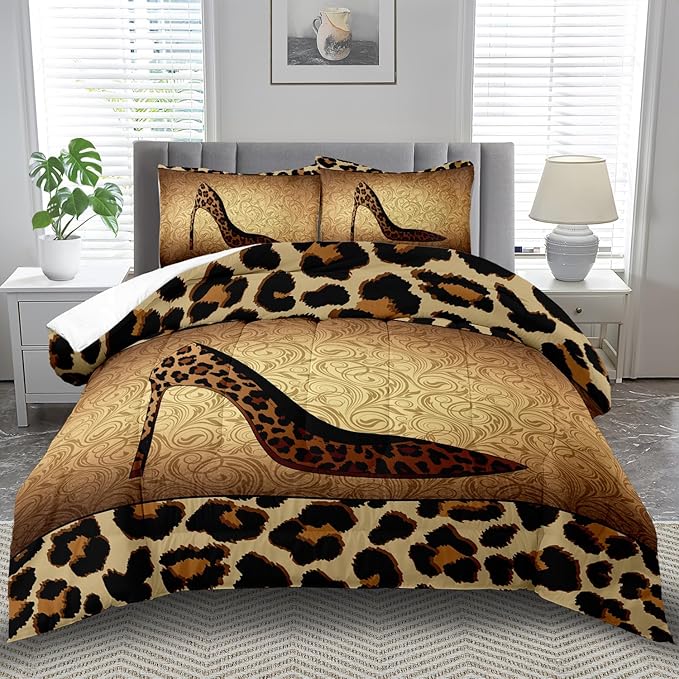 Leopard Comforter Set Full Girls,Sexy High Heel Comforter for Women,Leopard Print Bedding Set Full Adult,High Heel Quilt Bedroom Decor,African Animal Print Bedding Quilt-Ruum Studio Home