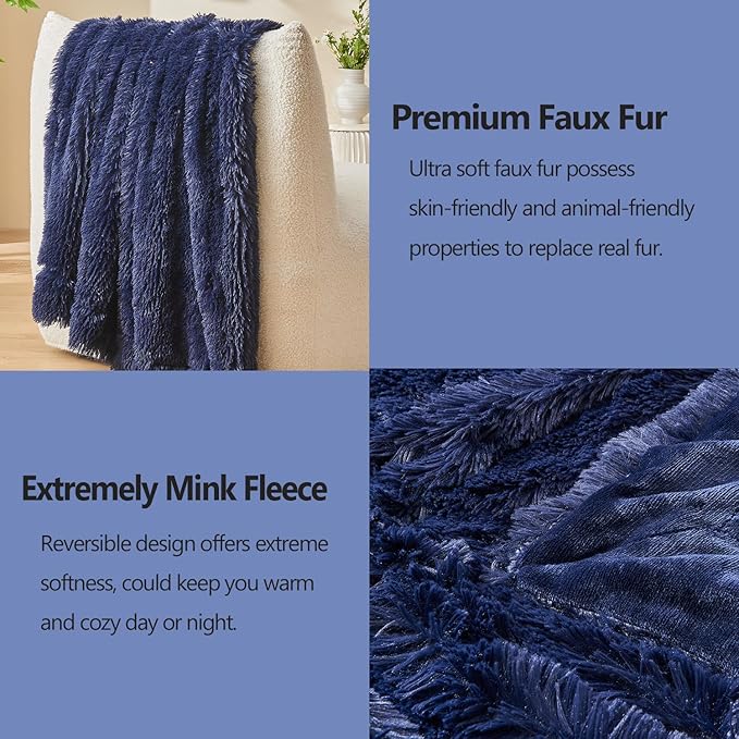 GONAAP Fuzzy Faux Fur Throw Blanket Dark Navy Super Soft Cozy Plush Fuzzy Shaggy Blanket for Couch Sofa Bed (Dark Navy, Throw(50"x60"))-Ruum Studio Home