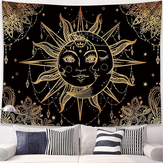 Lunerfex Hippie Sun and Moon Tapestry Bohemian Tapestry Aesthetic Cute Tapestries for Bedroom and Living Room Decor Sun 50×60 Inches-Ruum Studio Home