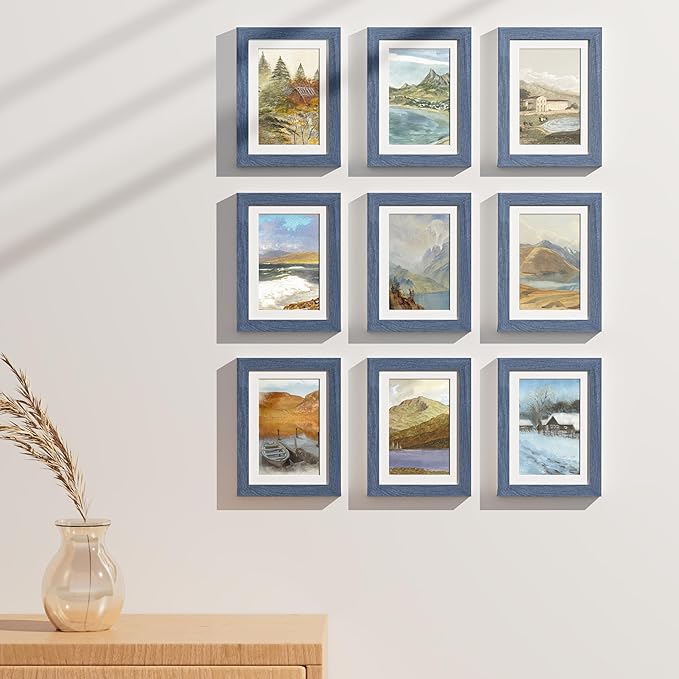 Vittanly 5x7 Picture Frames Set of 9, Shatter Resistant Plexiglass, Display 4x6 Pictures with Mat or 5x7 without Mat, Photo Frames for Wall or Tabletop, Engineered Wood, Navy-Ruum Studio Home