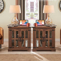 Farmhouse End Table with Charging Station,24" Large Side Table with Glass Barn Door, Rustic Wood Nightstand Bedside Table with Adjustable Storage Shelf for Living Room, Bedroom,Walnut,2 pack-Ruum Studio Home