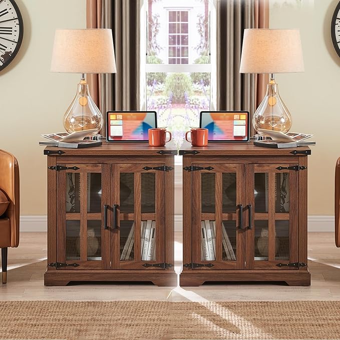 Farmhouse End Table with Charging Station,24" Large Side Table with Glass Barn Door, Rustic Wood Nightstand Bedside Table with Adjustable Storage Shelf for Living Room, Bedroom,Walnut,2 pack-Ruum Studio Home
