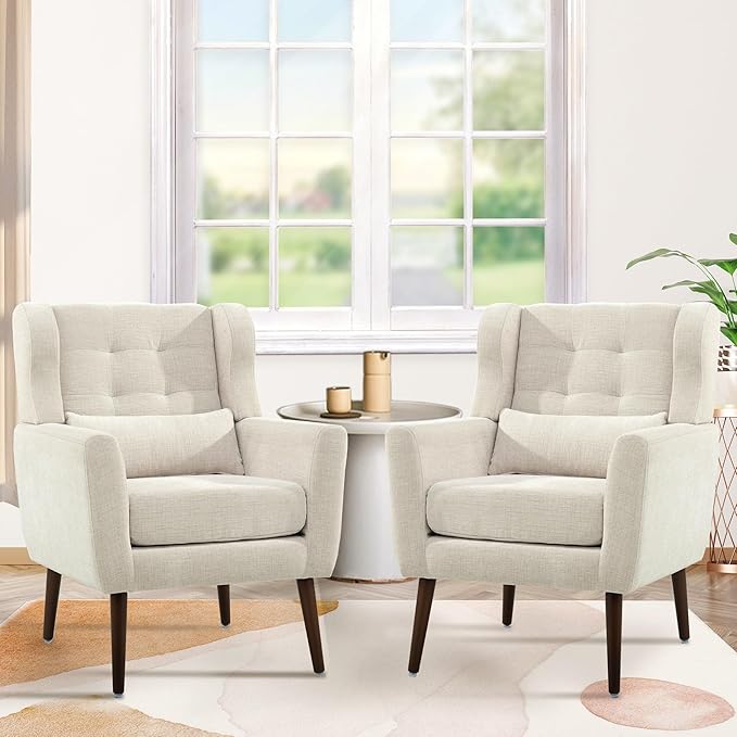 Modern Accent Chair, Upholstered Armchair with Pillow, Fabric Single Sofa Chair with Lounge Seat and Wood Legs Accent Chair for Living Room Bedroom Small Spaces (Beige, Set of 2)-Ruum Studio Home