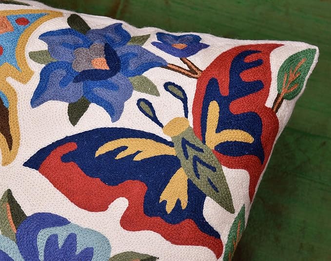 Butterfly Floral Decorative Pillow Cover Moth Botanical Flower Pillowcase Couch Hand Embroidered Flowery Outdoor Cushion Chair Suzani Accent Wool 18x18 Inch-Ruum Studio Home