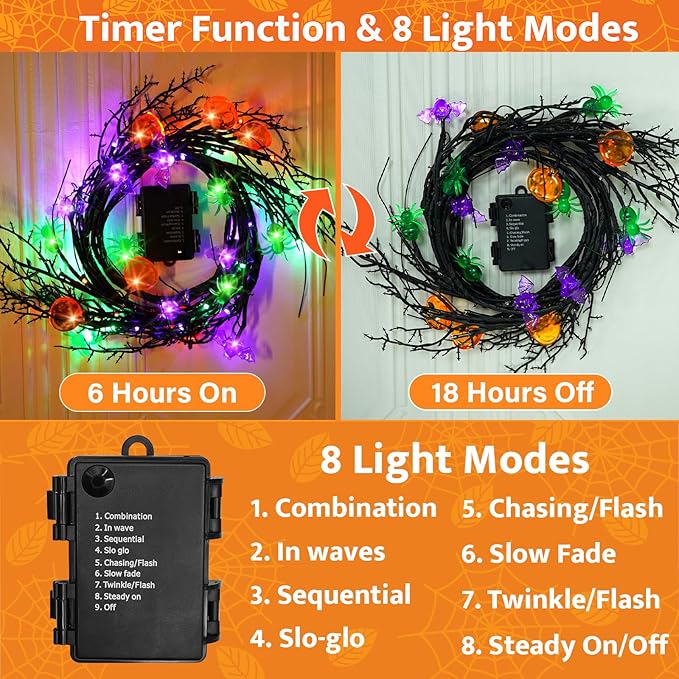 [8 Modes & Timer] 6 Ft Halloween Willow Vine Twig Decor Garland with Bats Pumpkins Spiders Lights, 54 LED Battery Operated Halloween Lights for Indoor Home Mantle Fireplace Decor-Ruum Studio Home