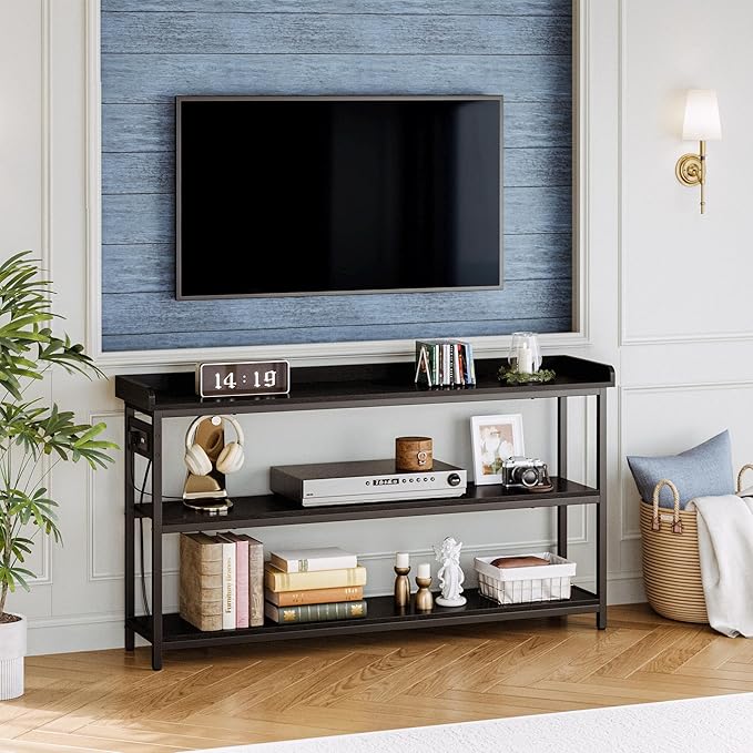 IRONCK Console Table, Sofa Table with Power Outlet, Farmhouse Hallway Table for Entryway, Living Room, Height Adjustable, Easy Assembly, Vintage Black,55"-Ruum Studio Home