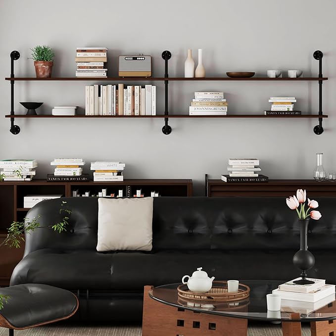 Industrial Pipe Wall Shelves Pipe Shelving with Real Wood Plank,70 Inches Floating Shelves for Wall Farmhouse Pipe Book Shelves Dark Brown 2 Tier for Kitchen,Living Room Decor and Bar Shelving-Ruum Studio Home