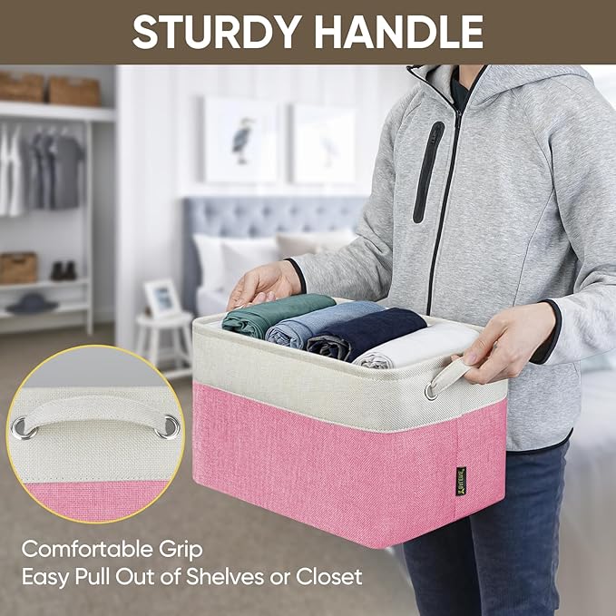 BALEINE 1 Pack Fabric Storage Bins for Shelves, Linen Storage Baskets for Organizing, Decorative Closet Bins for Clothes, Home (Pink, 15''x11''x9.5'')-Ruum Studio Home