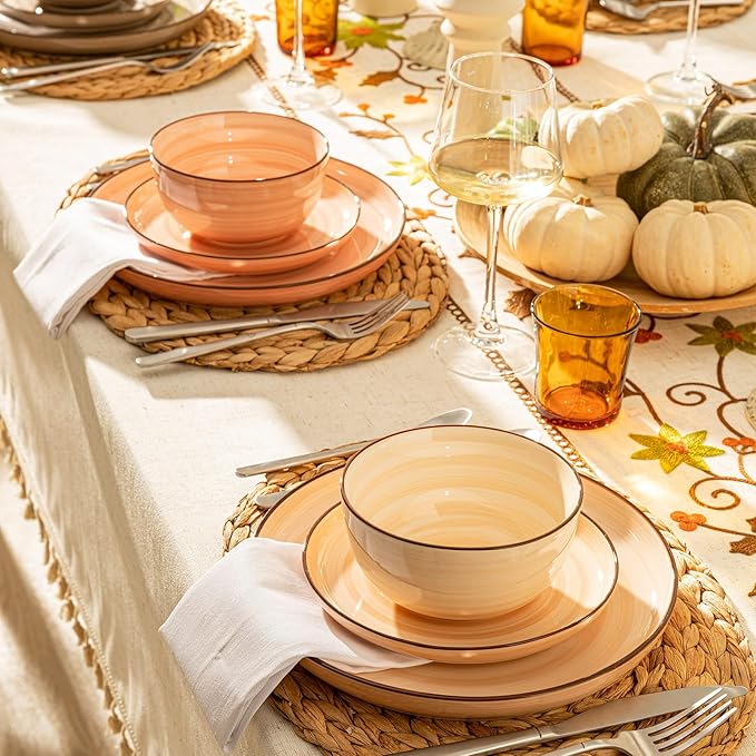 Sweese Plates and Bowls Sets, 18 Piece Dinnerware Set Porcelain Round Dinner Set for 6, Scratch Resistant Dishes Set, Dishwasher and Oven Microwave Safe Handpainted Swirl Dishware Sets, Neutral-Ruum Studio Home